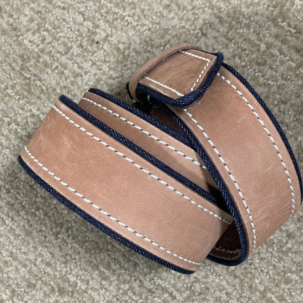 Lucky Brand Leather Denim Belt Mens 38 Tan Blue BKMF2501 Americana Workwear 4501 - Picture 2 of 6